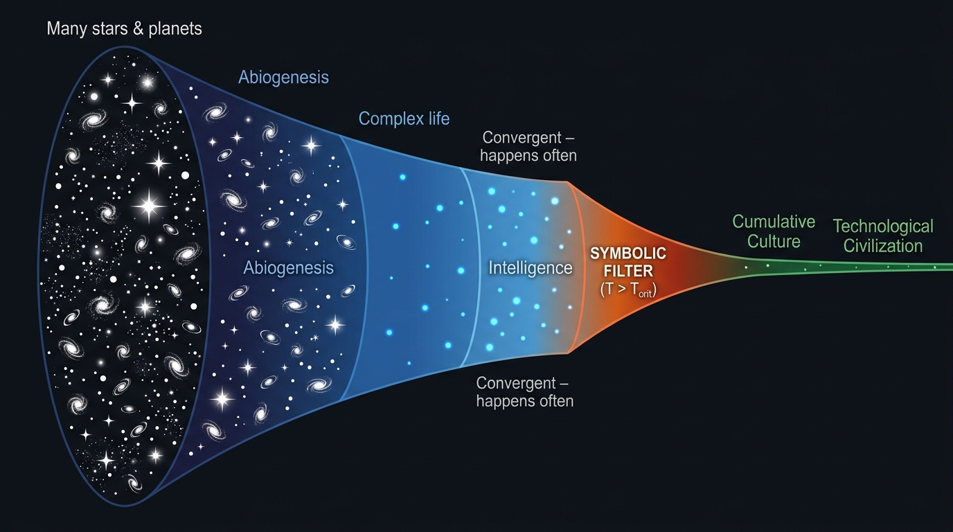 The cosmic funnel: intelligence is common, but the Symbolic Filter lets almost nothing through.