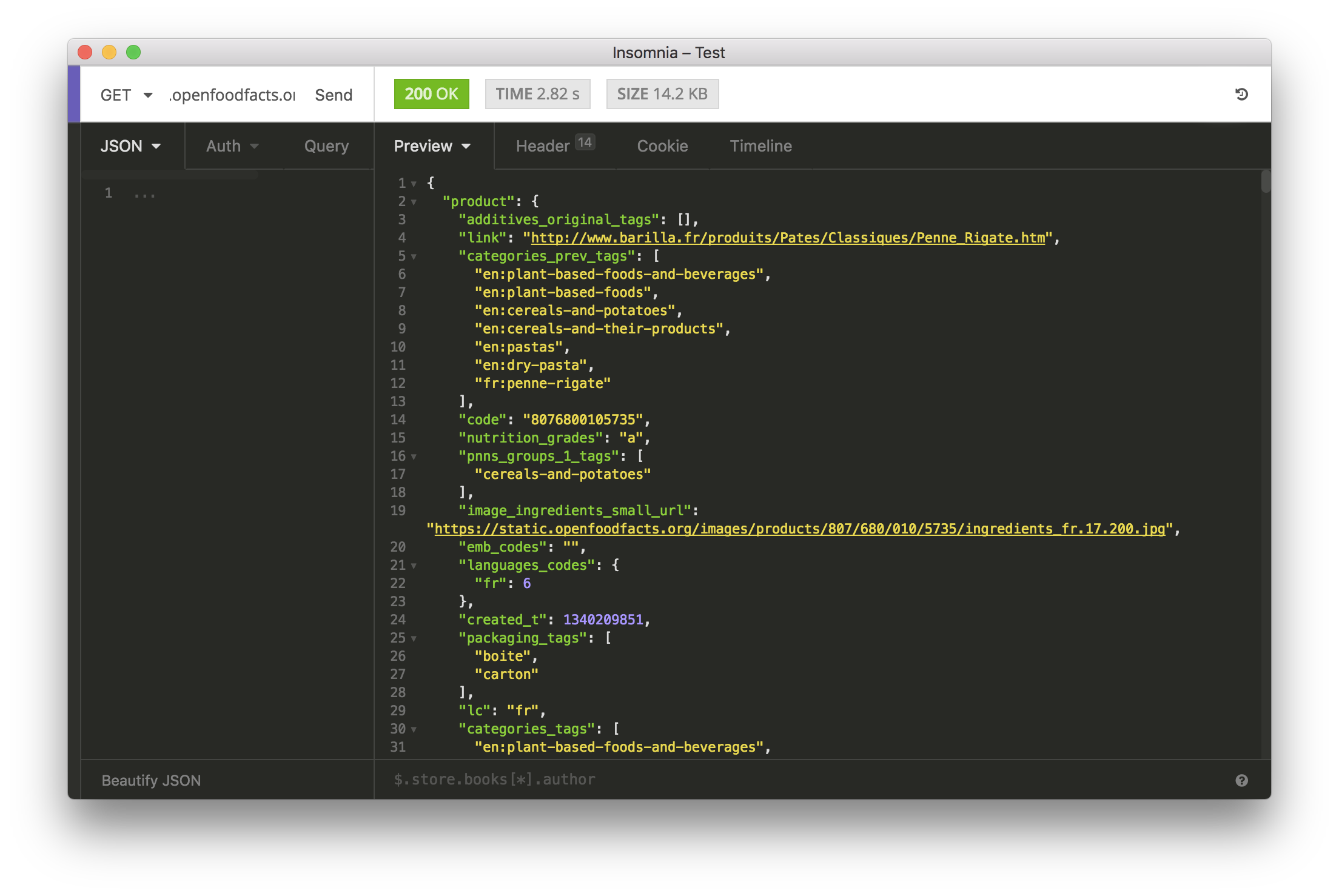 Esempio di info JSON restituita da Open Food Facts