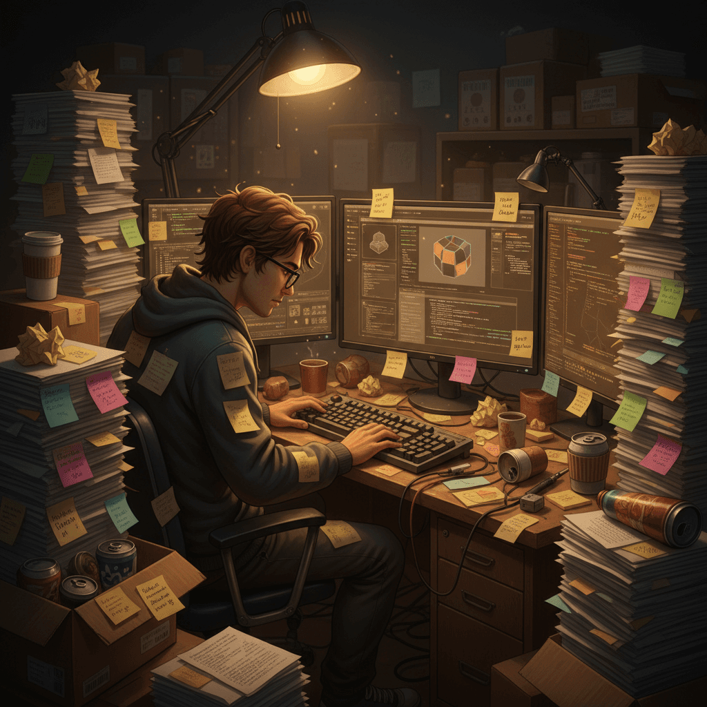 A developer surrounded by stacks of printed code and discarded sticky notes, keyboard worn down from use, multiple monitors showing half-finished prototypes.