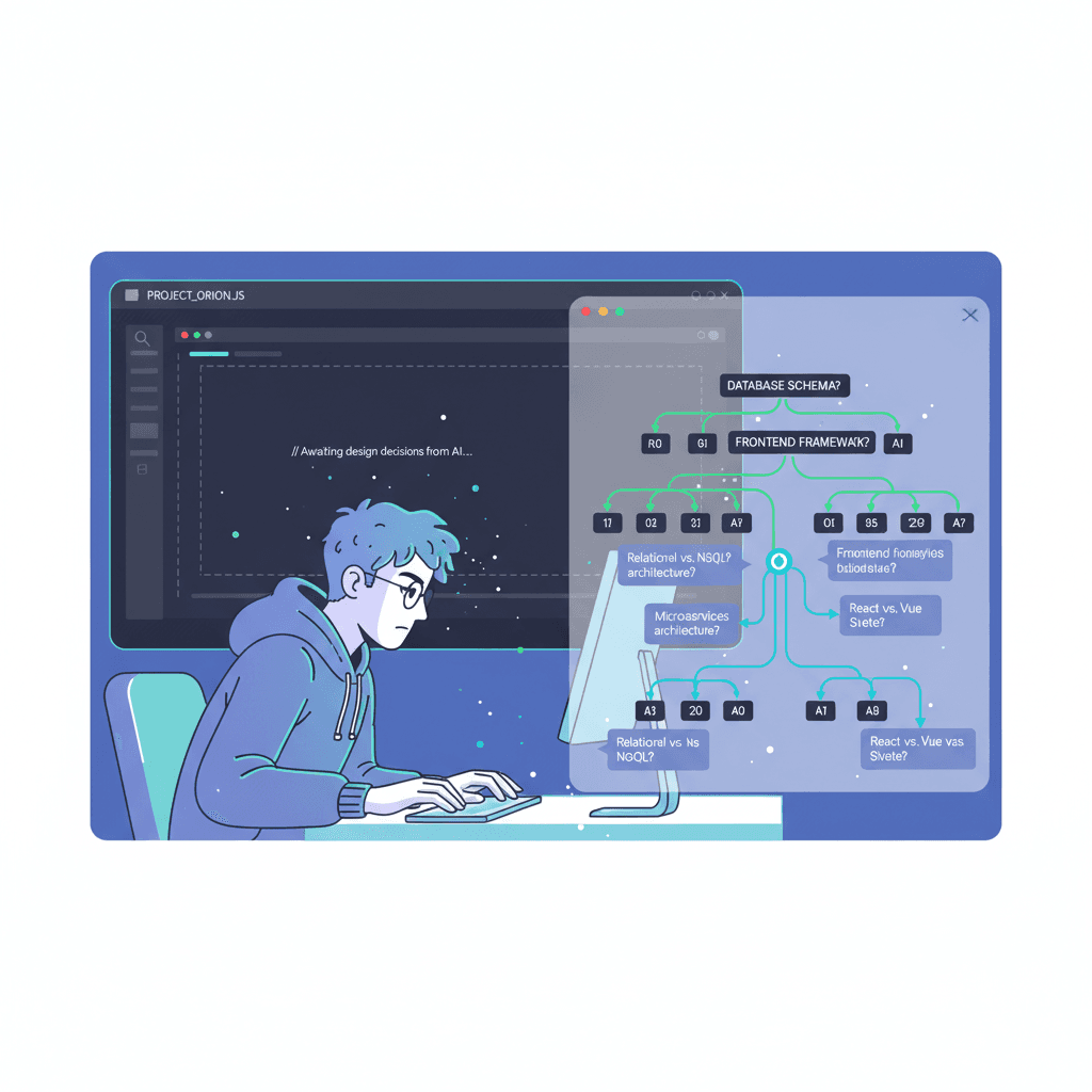 A developer and an AI chat window side by side, engaged in rapid back-and-forth. The chat shows branching question threads, each one drilling deeper into a design decision. The code editor in the background is open but empty — intentionally.