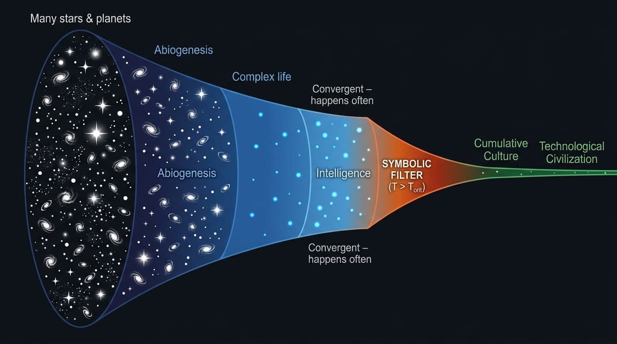 The cosmic funnel: intelligence is common, but the Symbolic Filter lets almost nothing through.